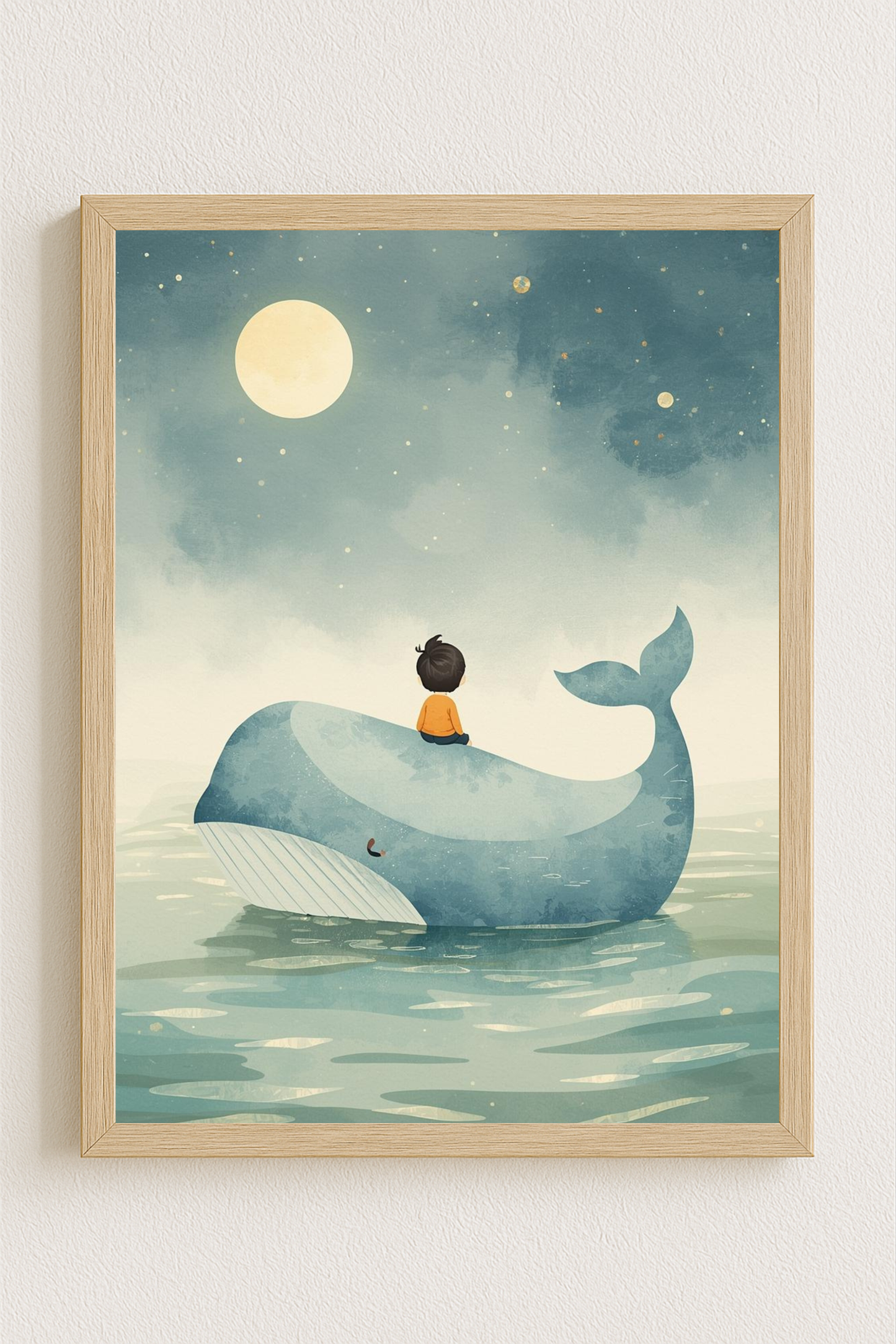 Affiche enfant et baleine sous la lune – illustration chambre bébé - Univers poétique et minimaliste
