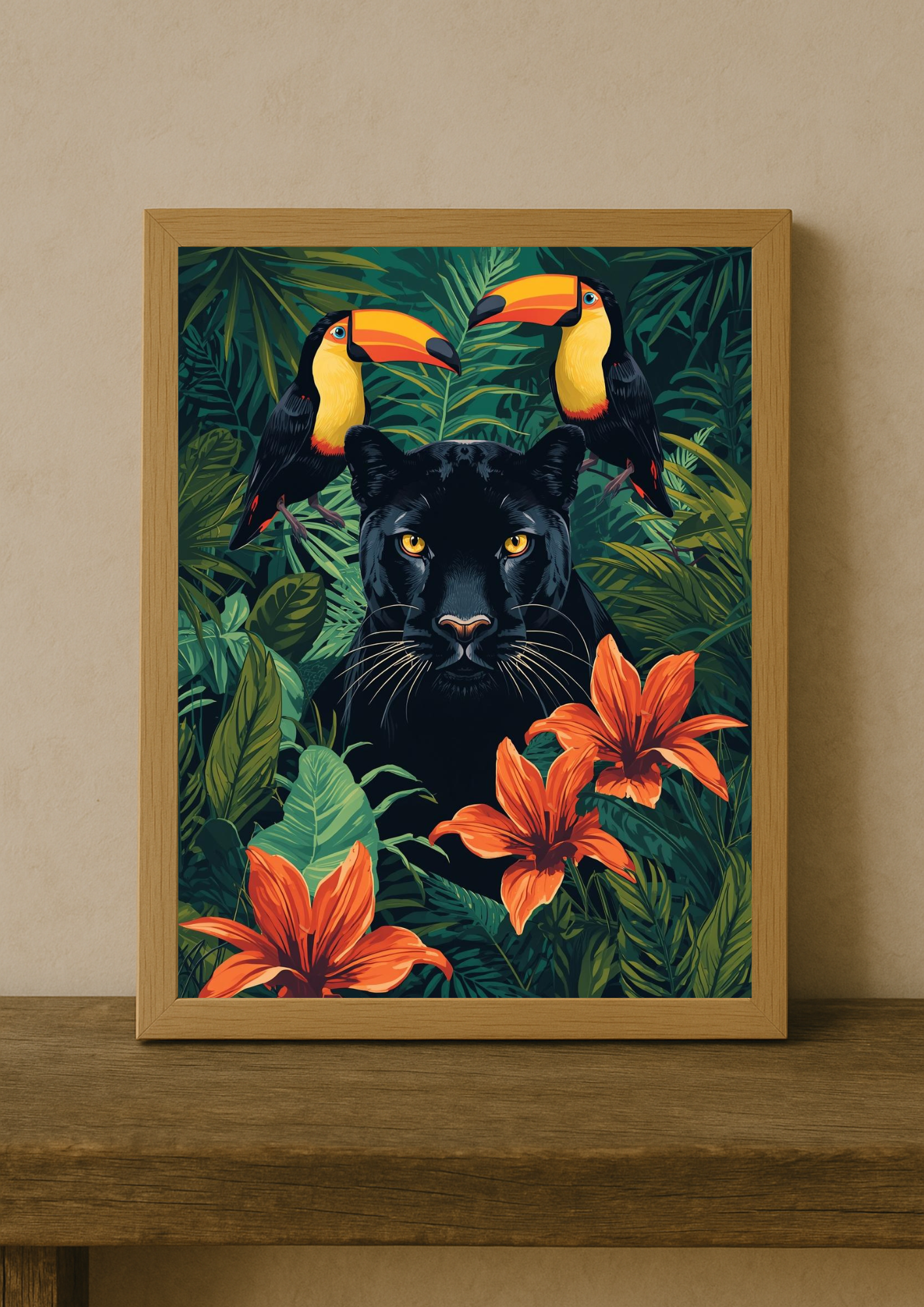 Affiche jungle colorée - Panthère noire - Fleurs éxotiques