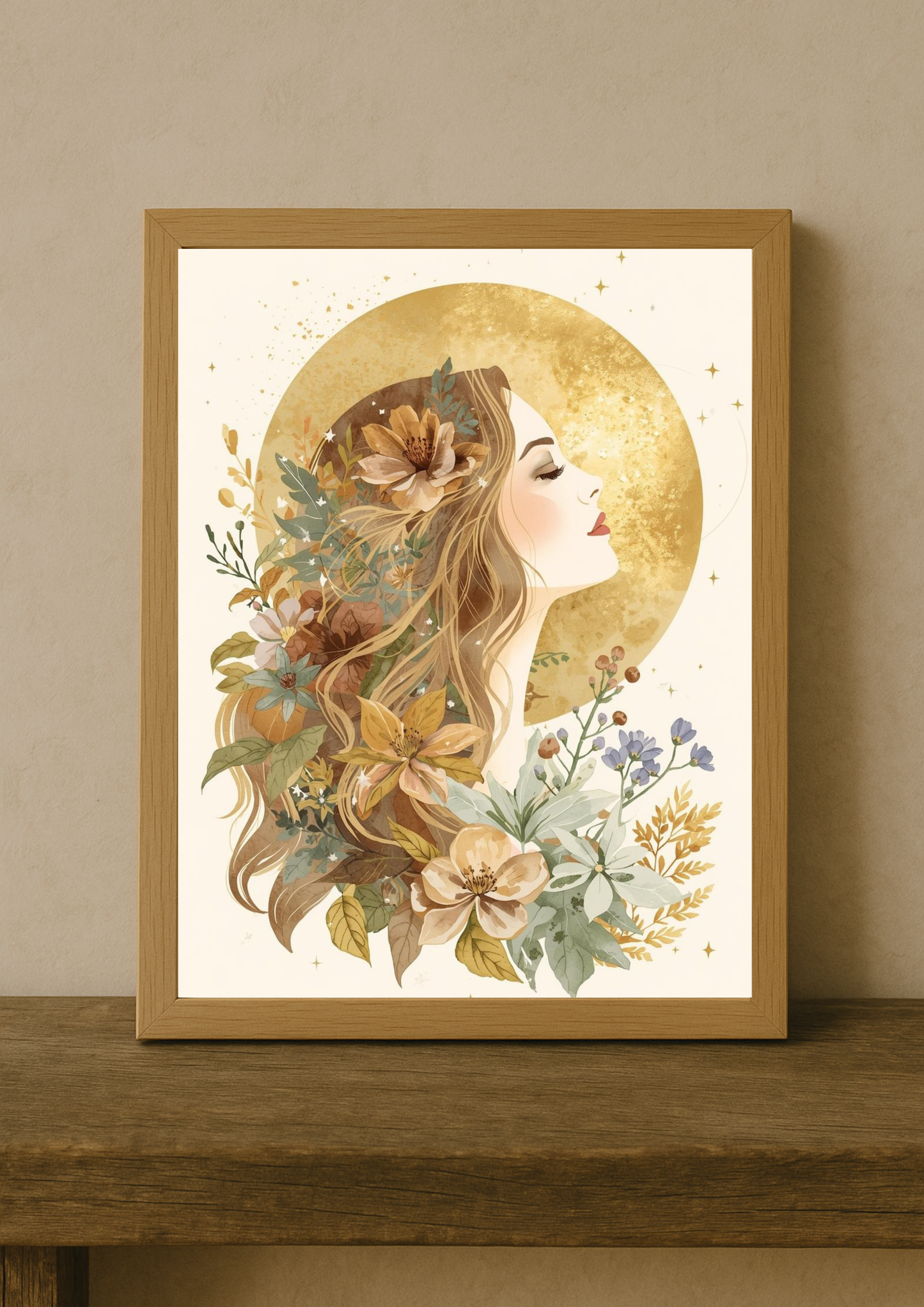 Affiche femme bohème lune dorée - Affiche féminin sacré - art mural mystique floral
