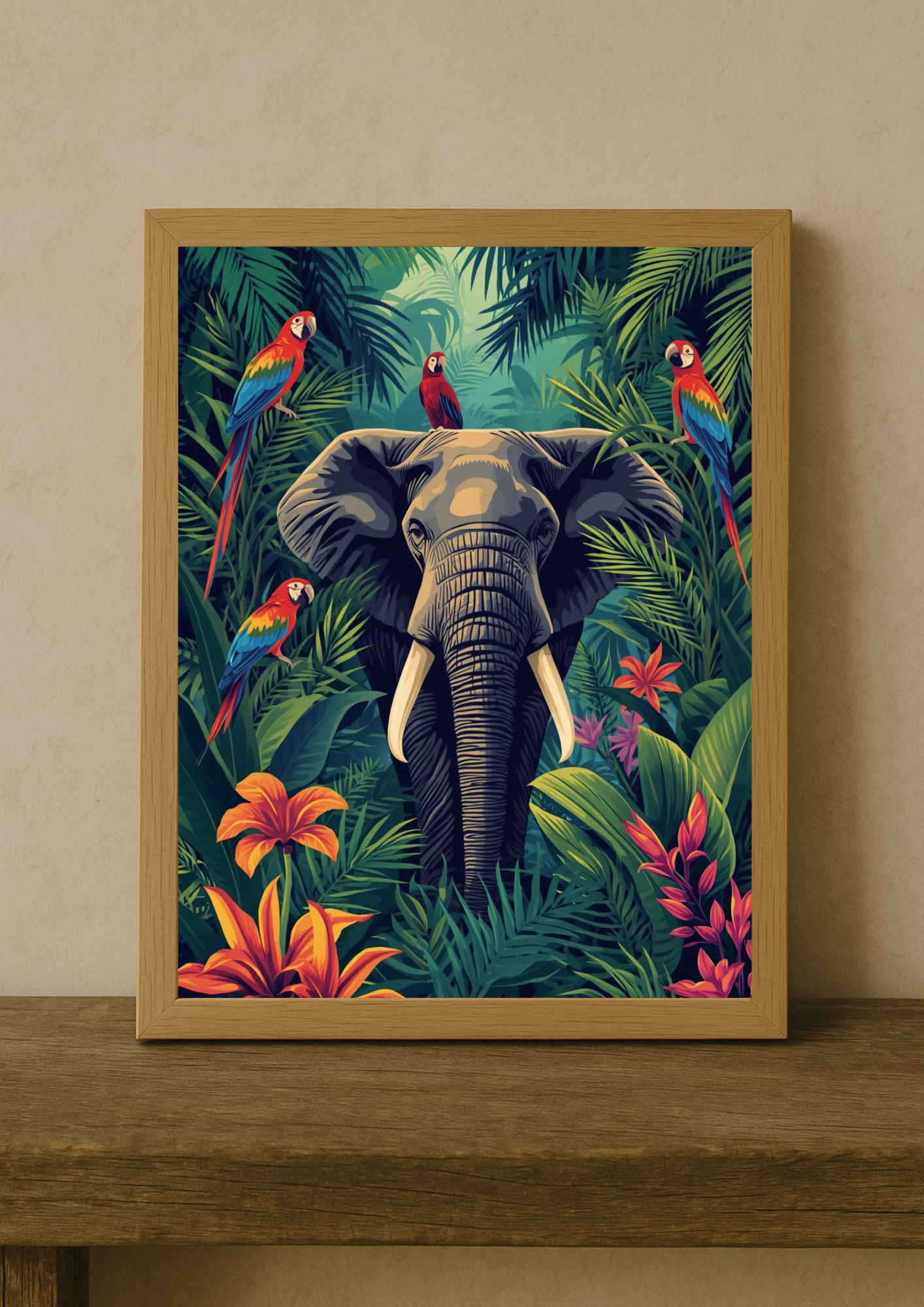 Affiche jungle colorée - Elephant- Fleurs éxotiques