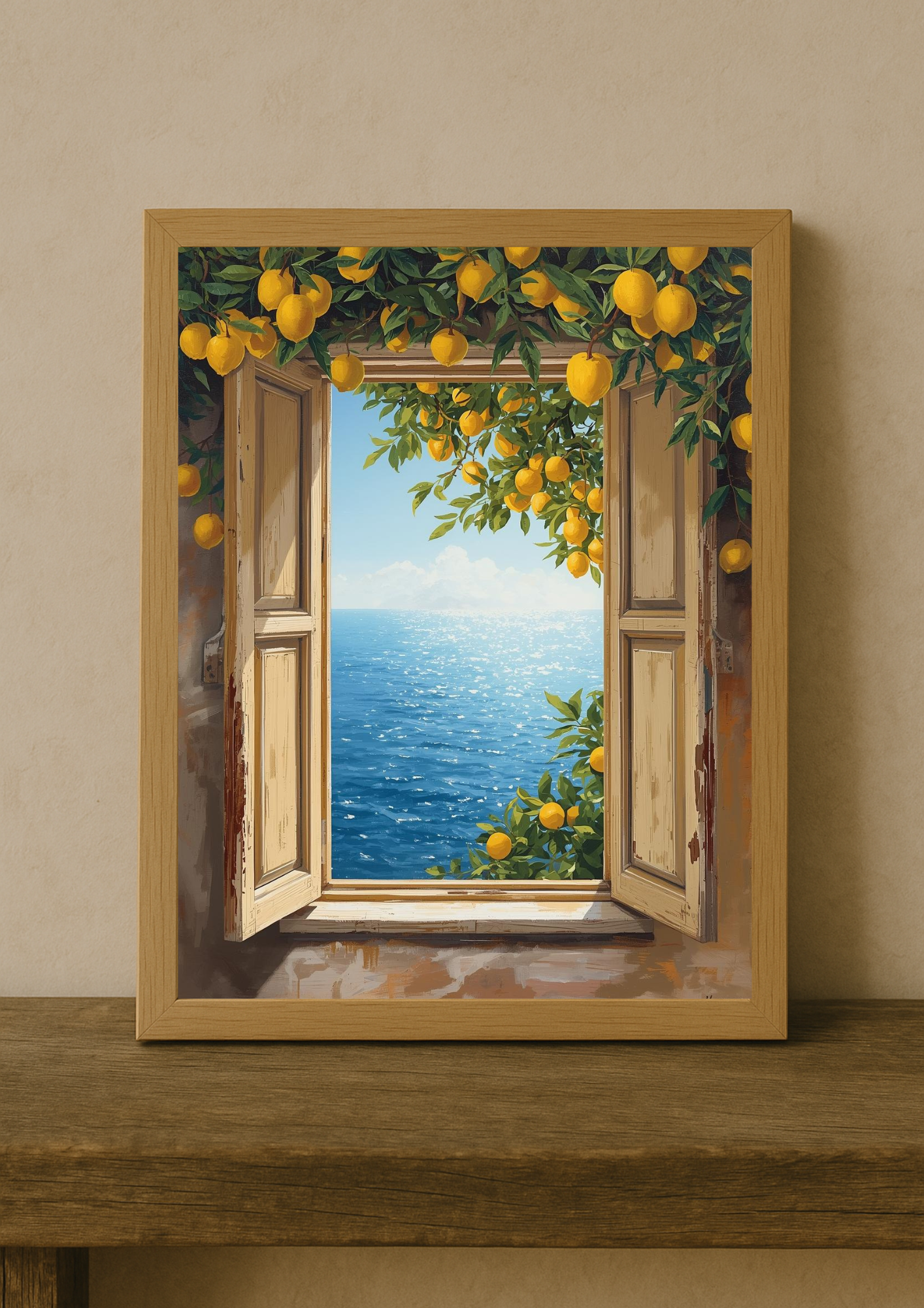 Affiche fenêtre ouverte sur la mer et citronniers – paysage méditerranéen