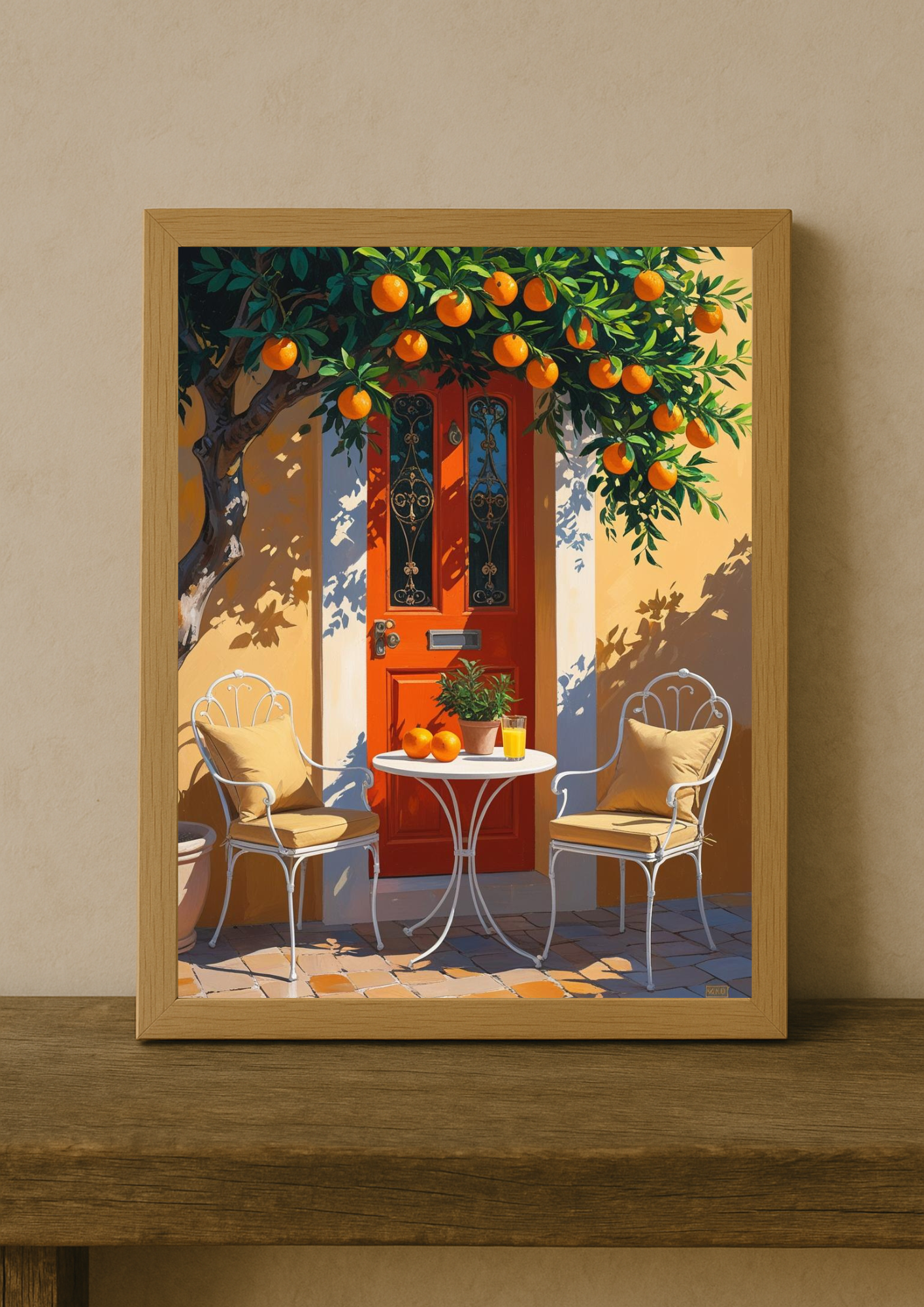 Affiche méditerranéenne – Terrasse avec porte colorée et oranger – Décoration murale