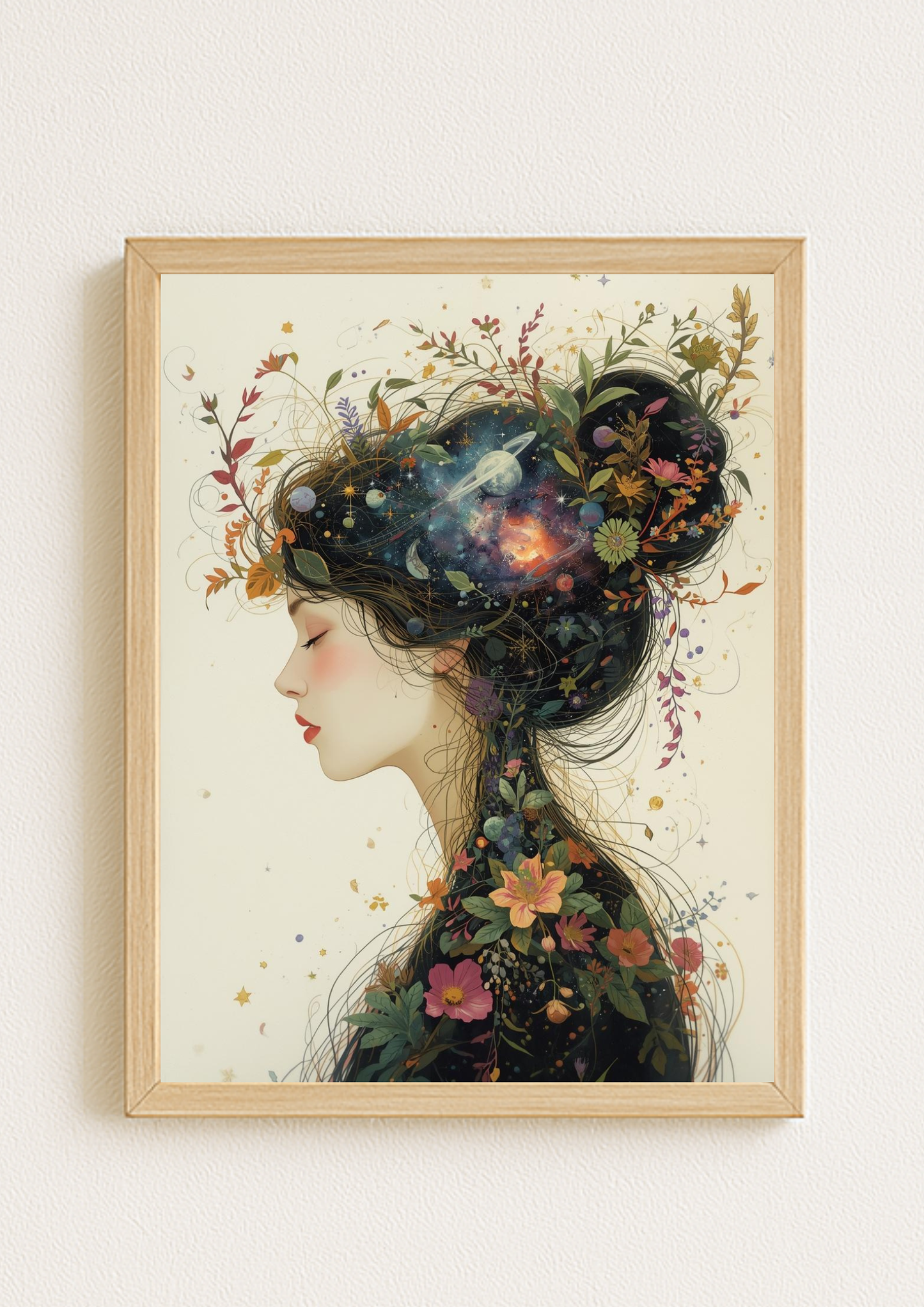 Affiche femme cosmique florale – Art mural bohème et poétique