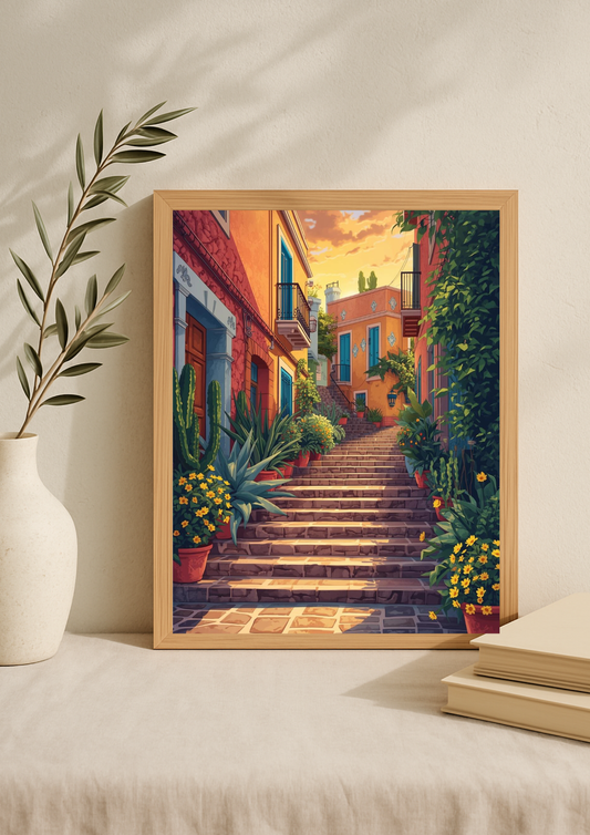 Affiche ruelle colorée – Escaliers en pierre et maisons du sud – Décoration murale - Cactus