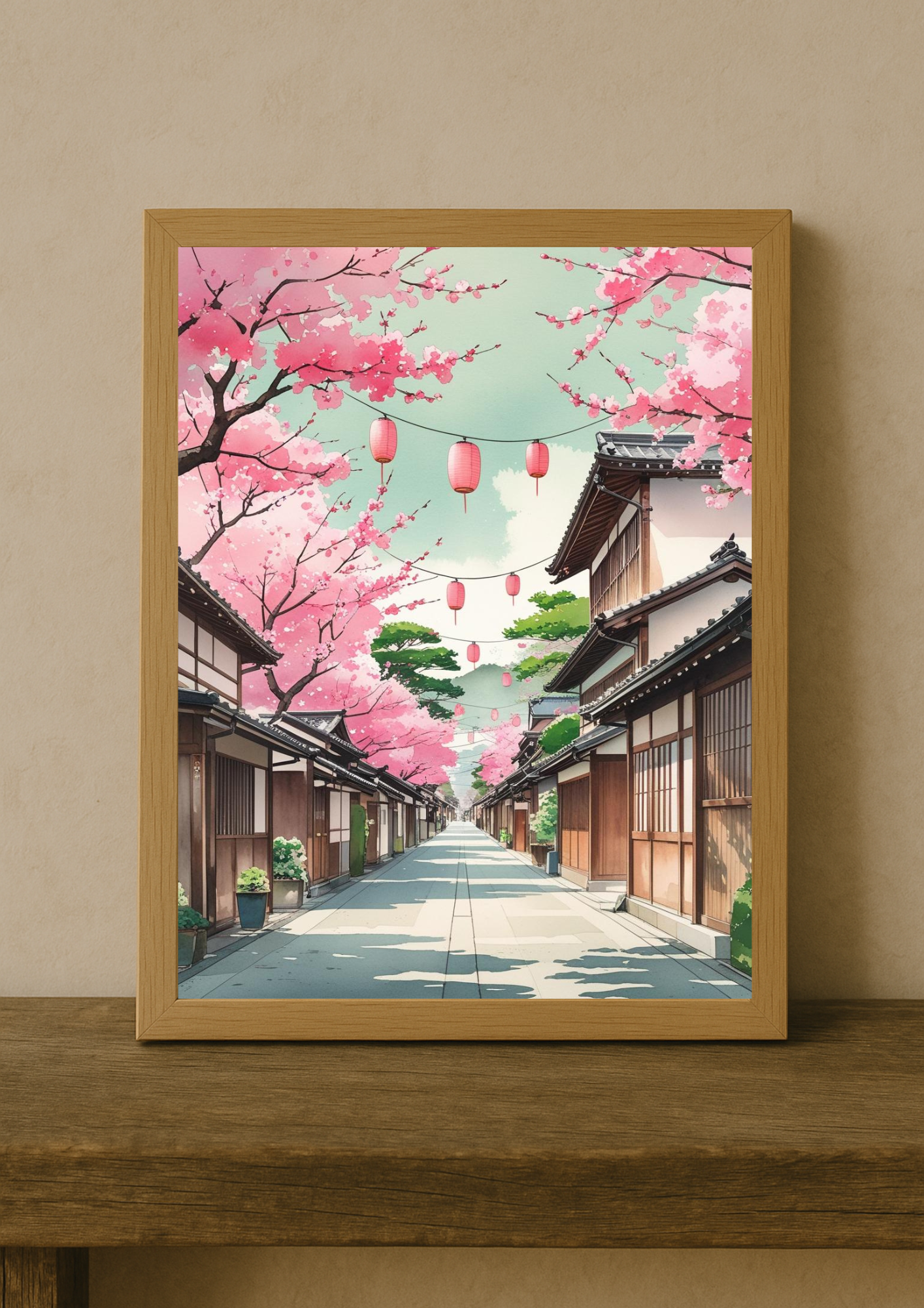 Affiche Kyoto - Rue typique Japonaise - Japon - Fleurs de cerisier - Lanterne