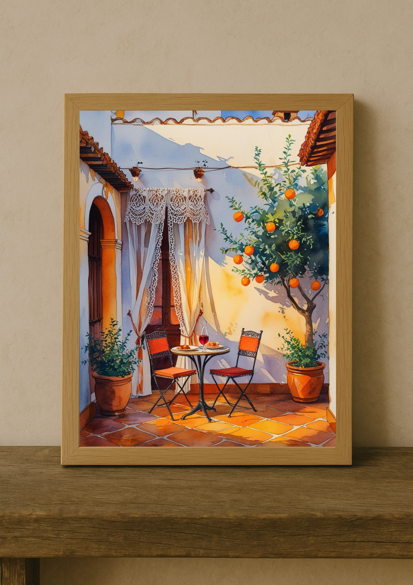 Affiche cour méditerranéenne – Oranger et terrasse ensoleillée – Décoration murale