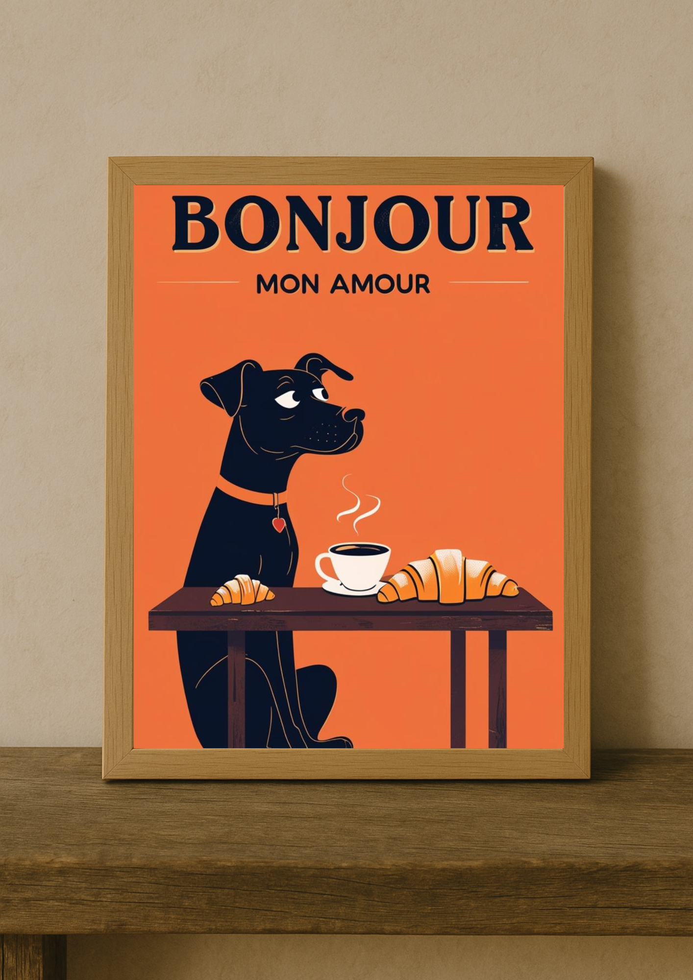 Affiche Bonjour Mon Amour A4 – Chien, Café & Croissant | Déco Murale Cuisine