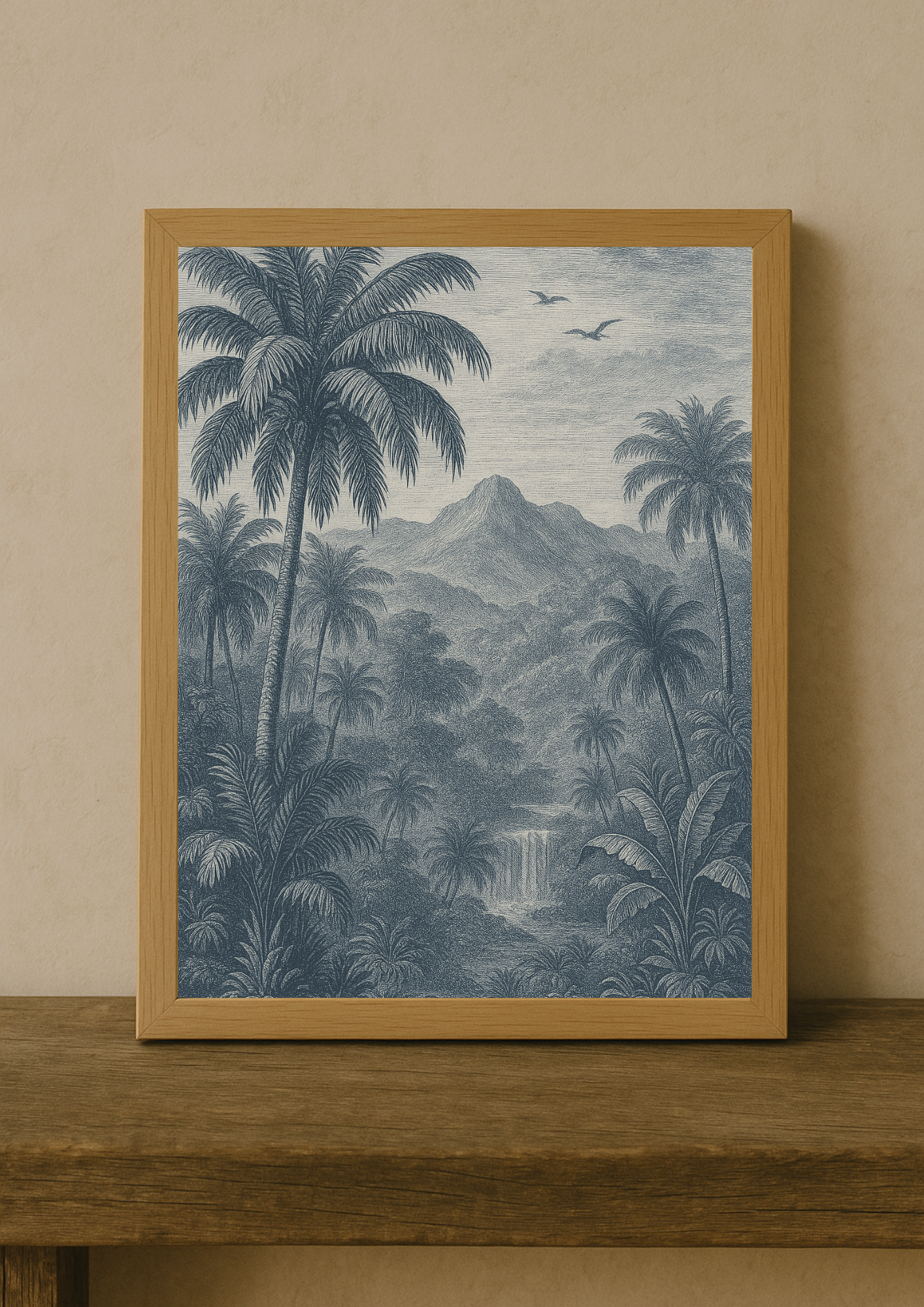 Affiche jungle exotique style gravure ancienne – paysage tropical – décoration murale safari
