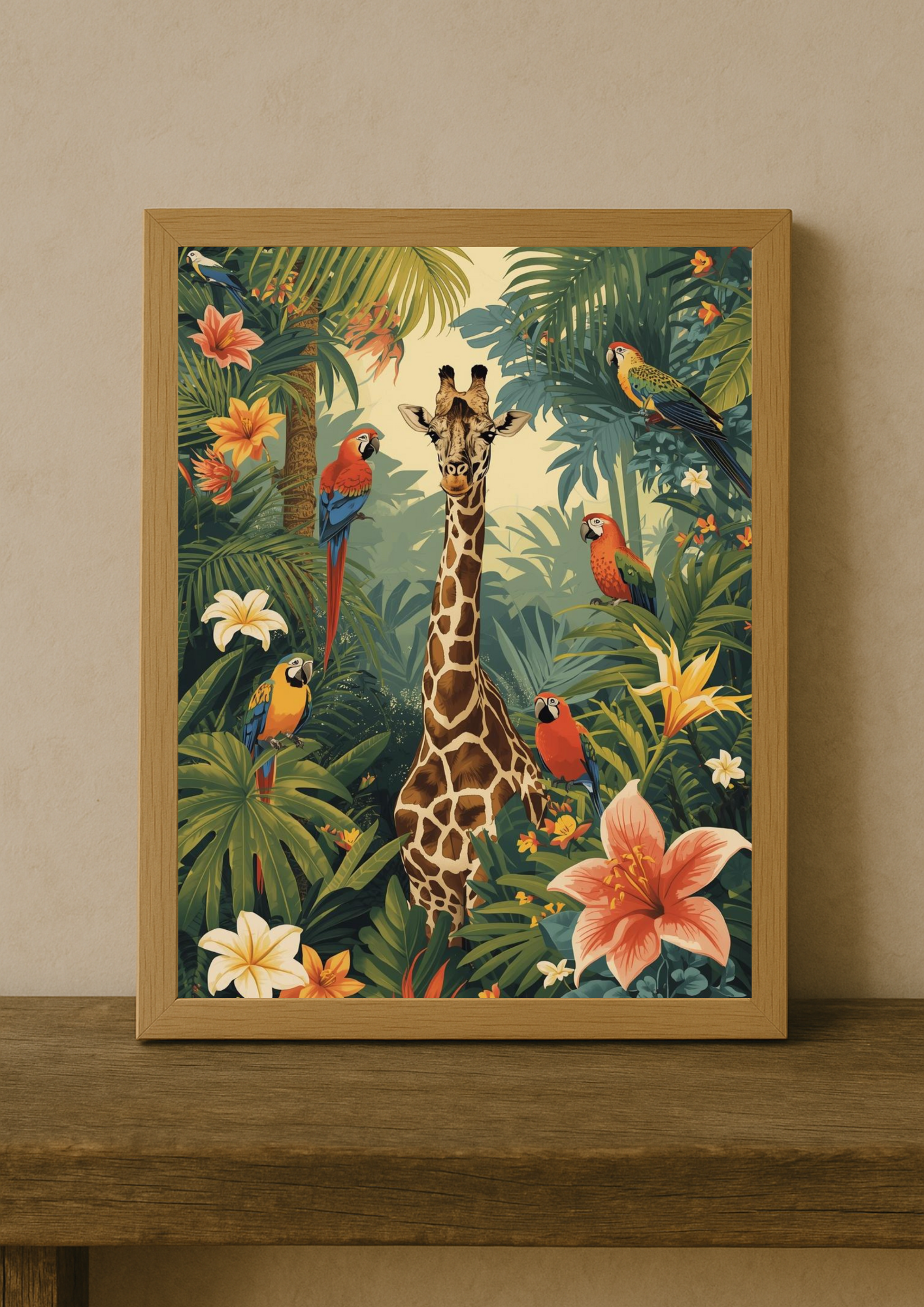 Affiche jungle colorée - Girafe - Fleurs éxotiques