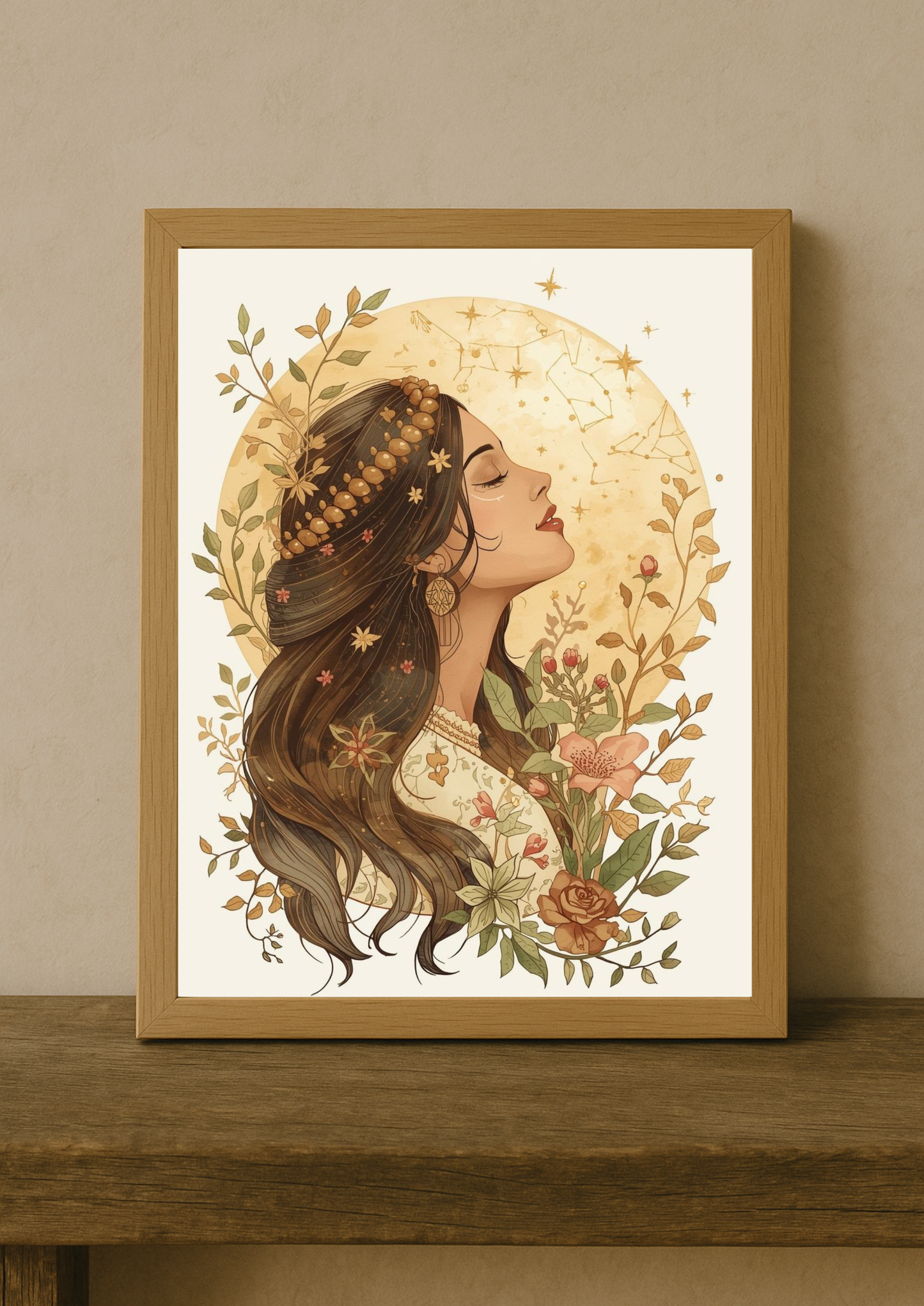 Collection Astrale - Affiche femme bohème et lune dorée – illustration astrologique florale
