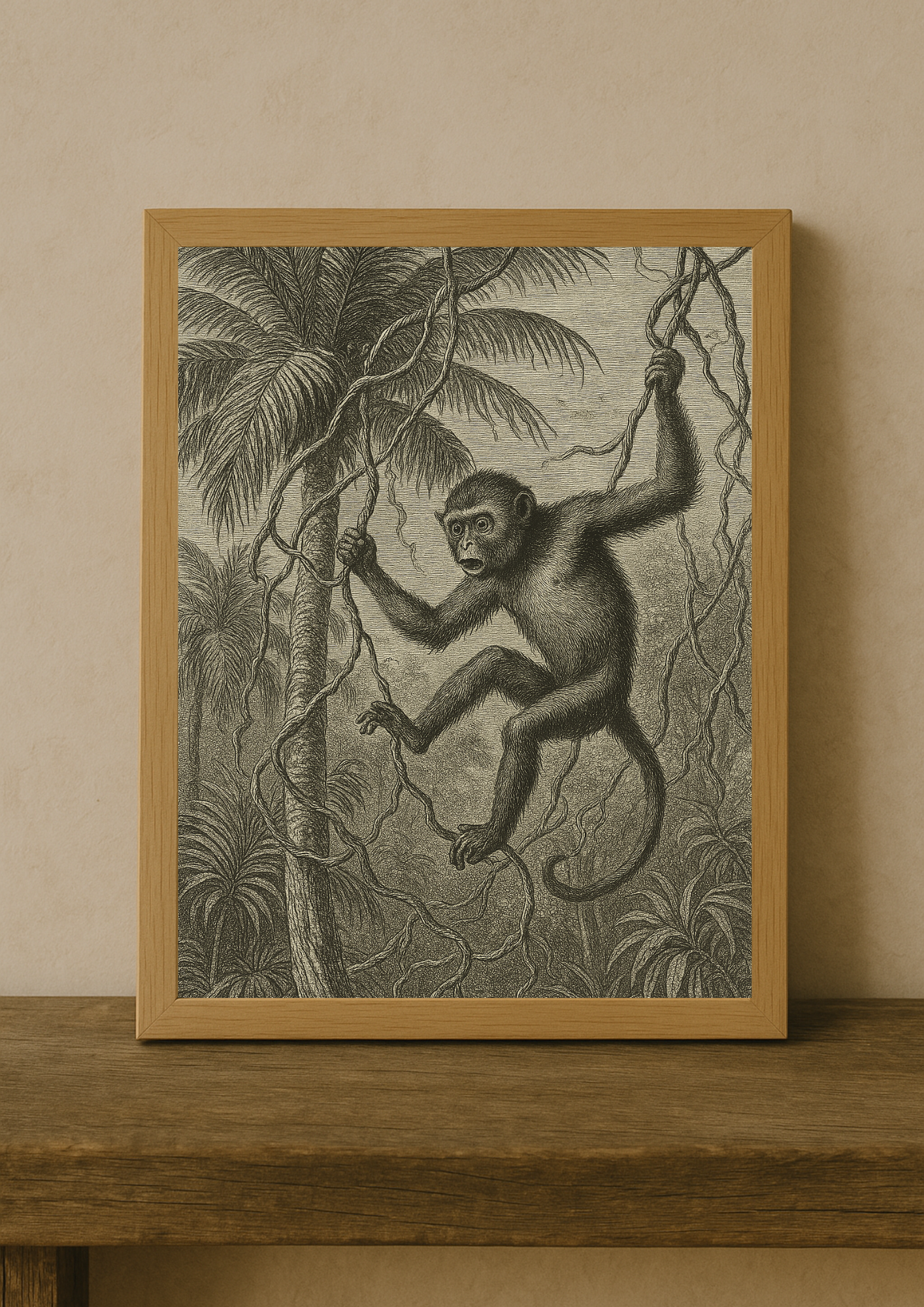 Affiche animal jungle style gravure ancienne – singe tropical - forêt tropical