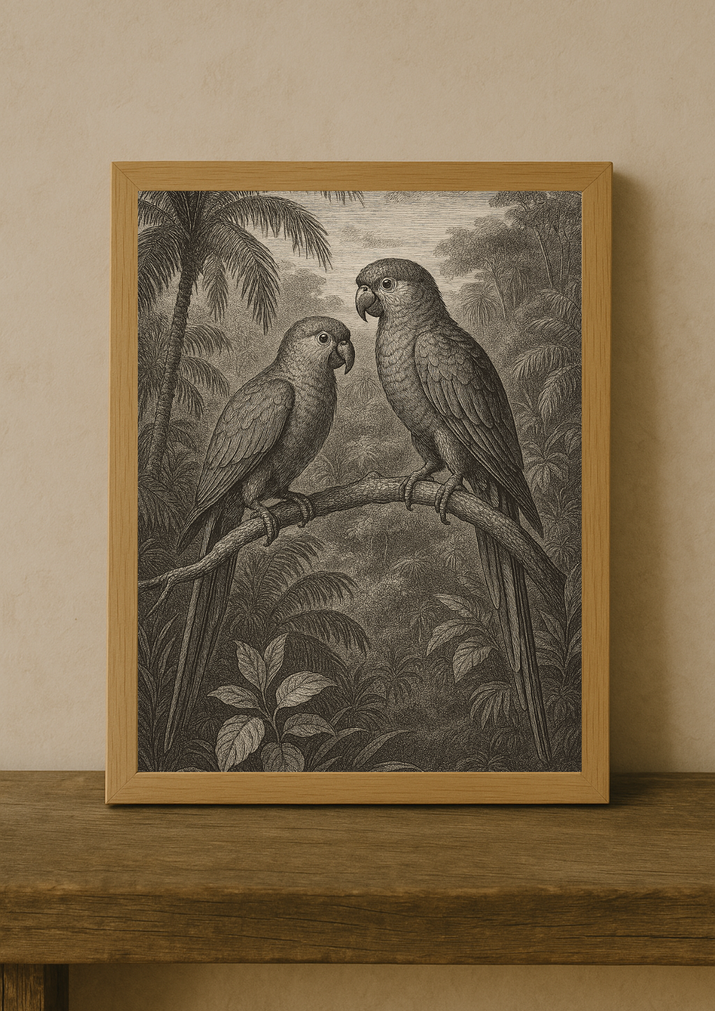 affiche oiseaux tropicaux style gravure ancienne – perroquets jungle - forêt tropical