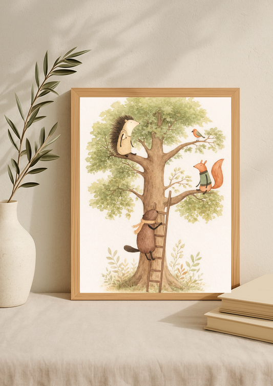 Affiche animaux de la forêt arbre – illustration printemps chambre bébé - Univers poétique et minimaliste