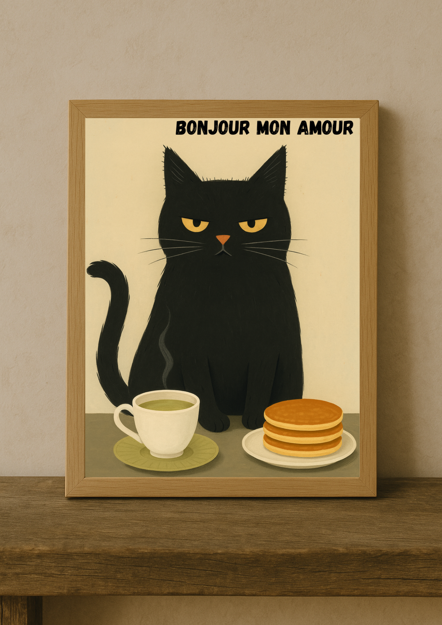 Collection chat - Affiche chat noir humour – Bonjour mon amour café pancakes