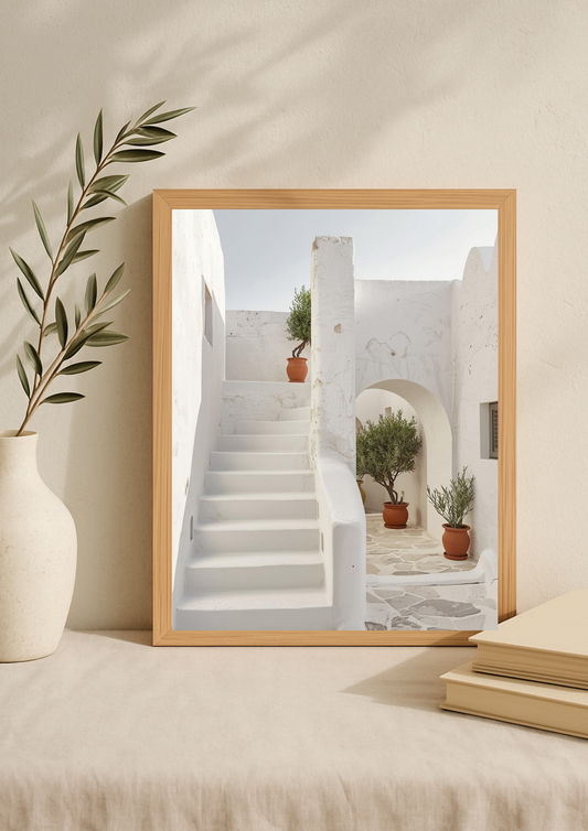 Affiche architecture méditerranéenne – Escaliers blancs et arches – Décoration murale - Idée cadeau