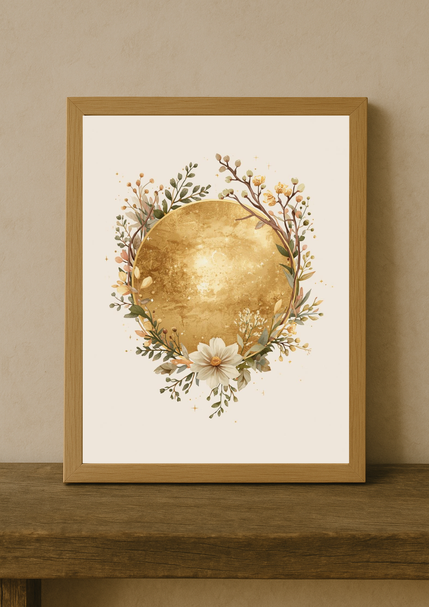 Affiche lune dorée florale – décoration murale bohème élégante - art mural mystique floral