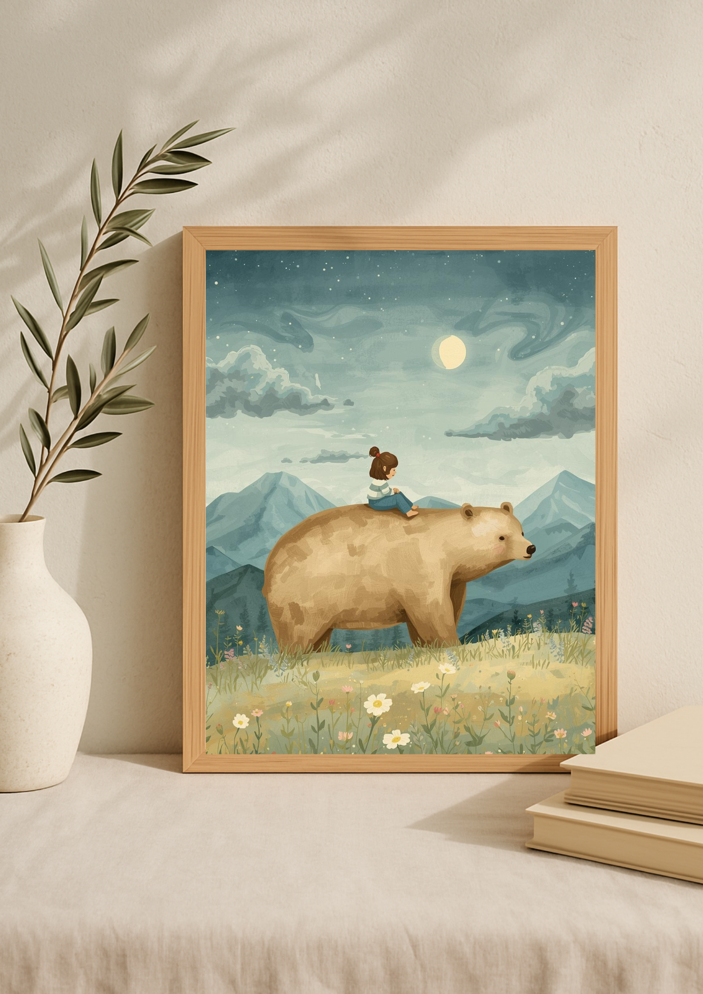 Affiche enfant et ours sous la lune – illustration chambre bébé - Univers poétique et minimaliste