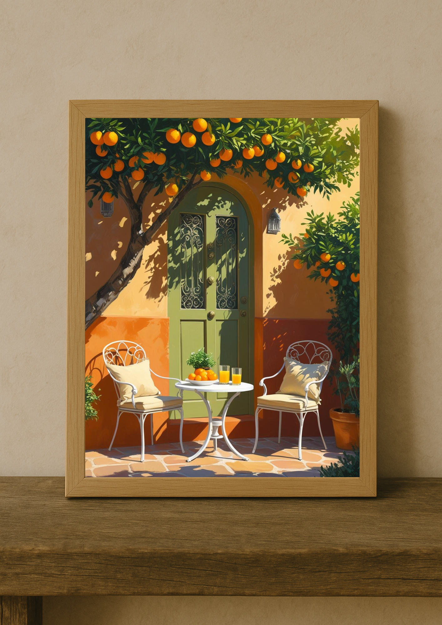 Affiche terrasse méditerranéenne – Orangers et porte verte – Décoration murale style sud