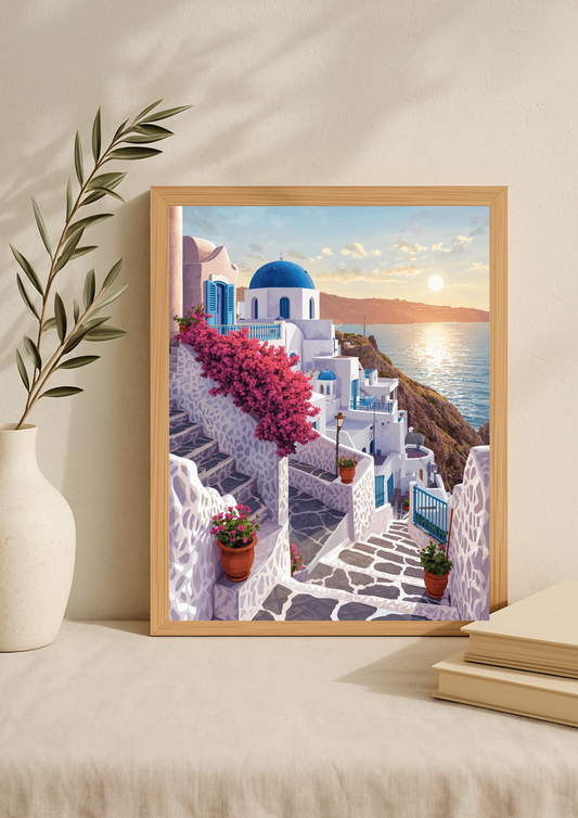 Affiche Santorin – Escaliers blancs et dômes bleus face à la mer – Décoration murale
