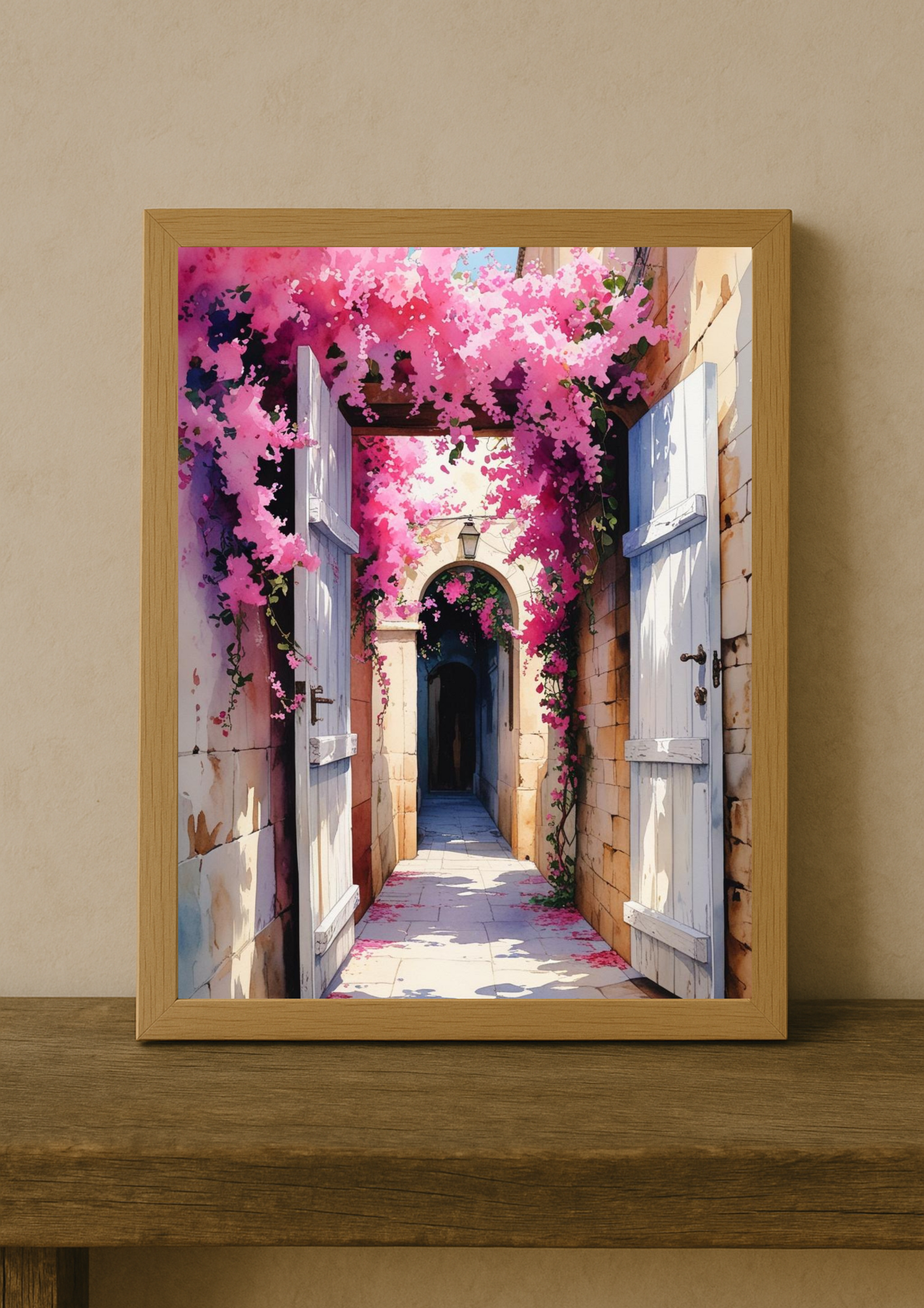Affiche ruelle méditerranéenne aux bougainvilliers roses – décoration murale ambiance sud