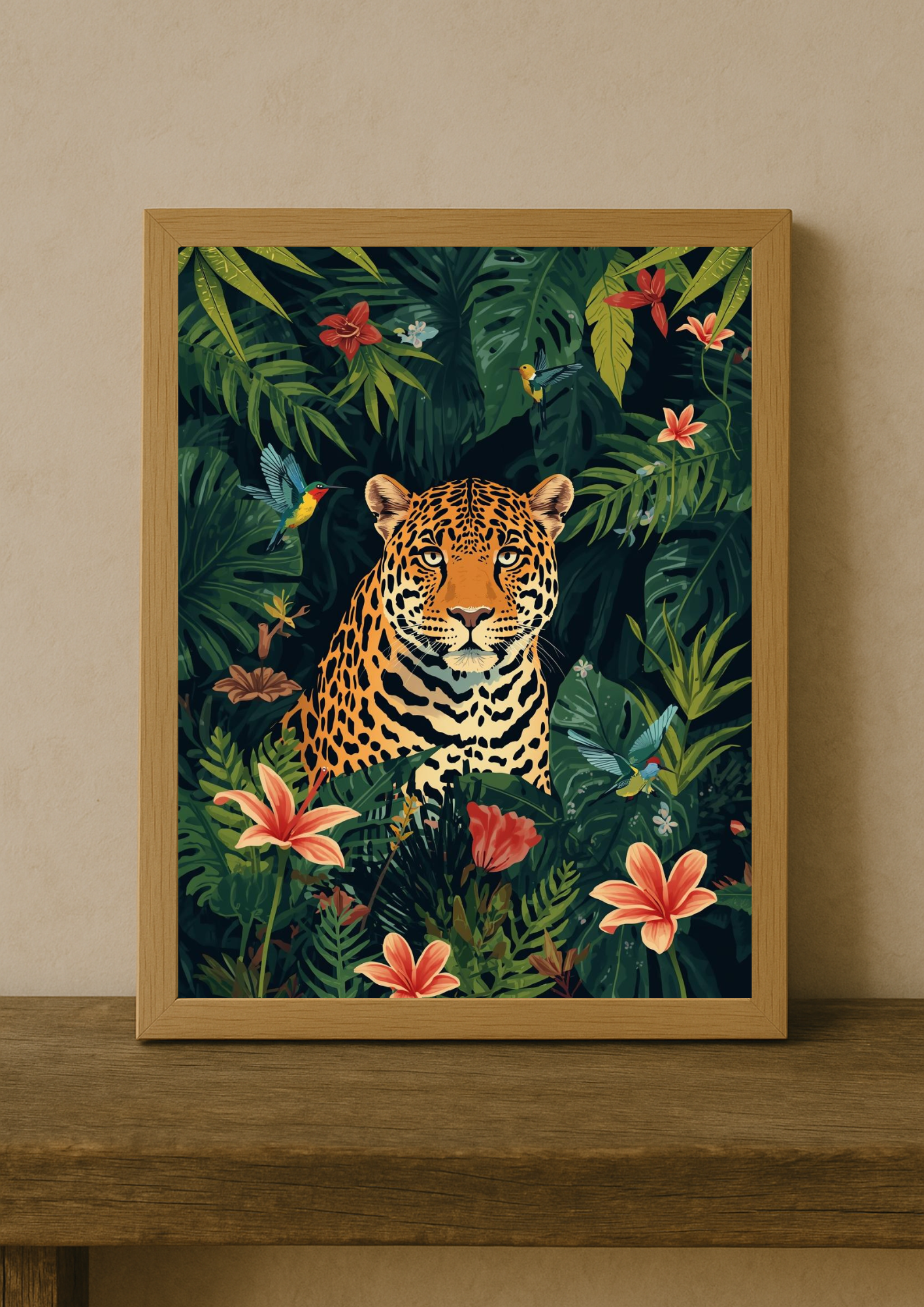 Affiche jungle colorée - Jaguar- Fleurs éxotiques