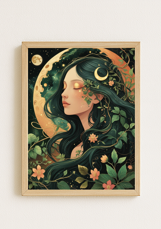 Affiche femme mystique nature – Illustration lunaire bohème – Décoration murale A4