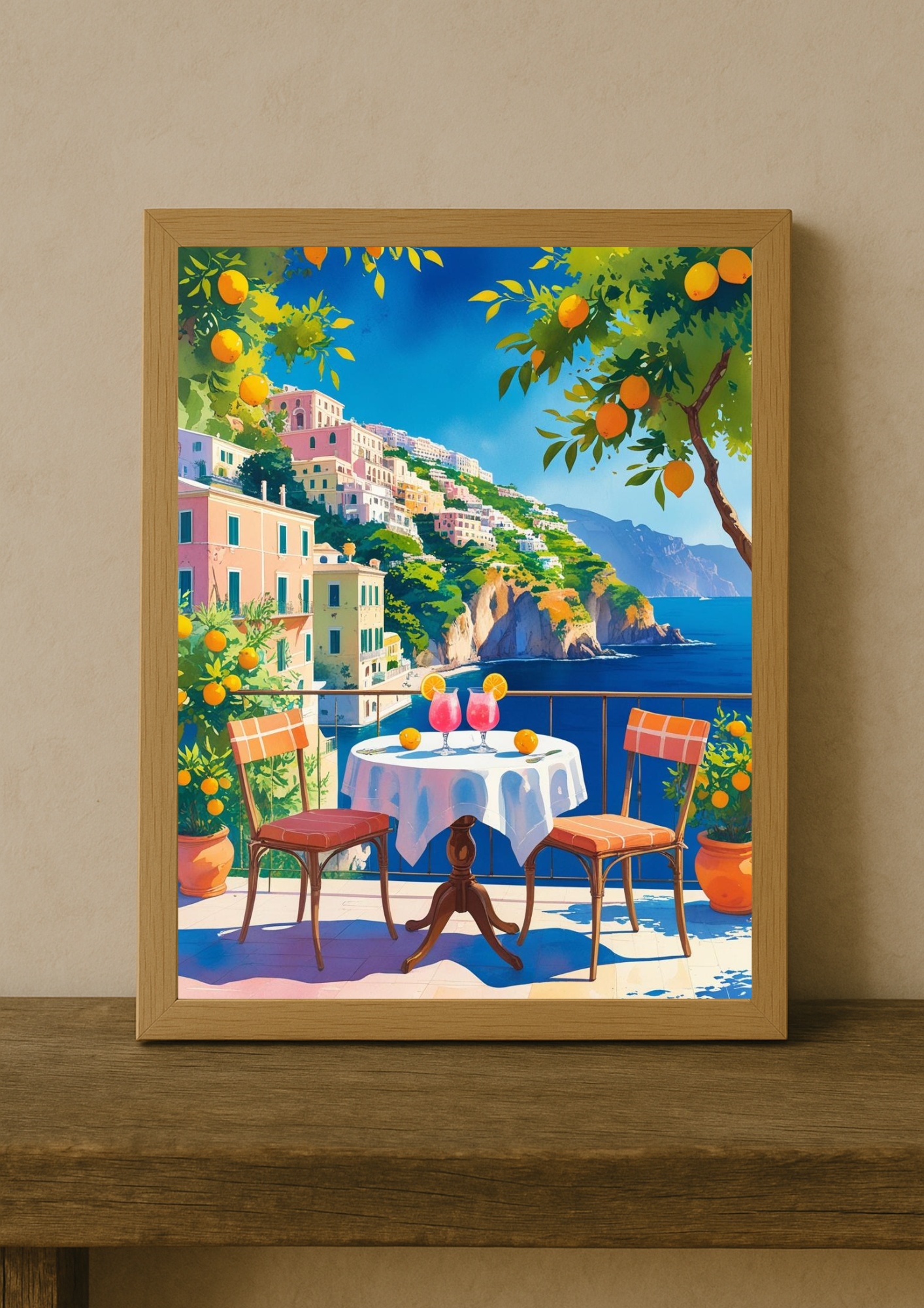 Affiche terrasse méditerranéenne – Vue mer et orangers – Décoration murale