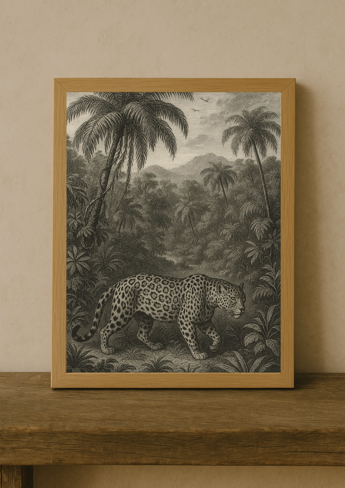 Affiche léopard sauvage style gravure ancienne – décoration murale jungle – jungle sauvage - forêt tropical