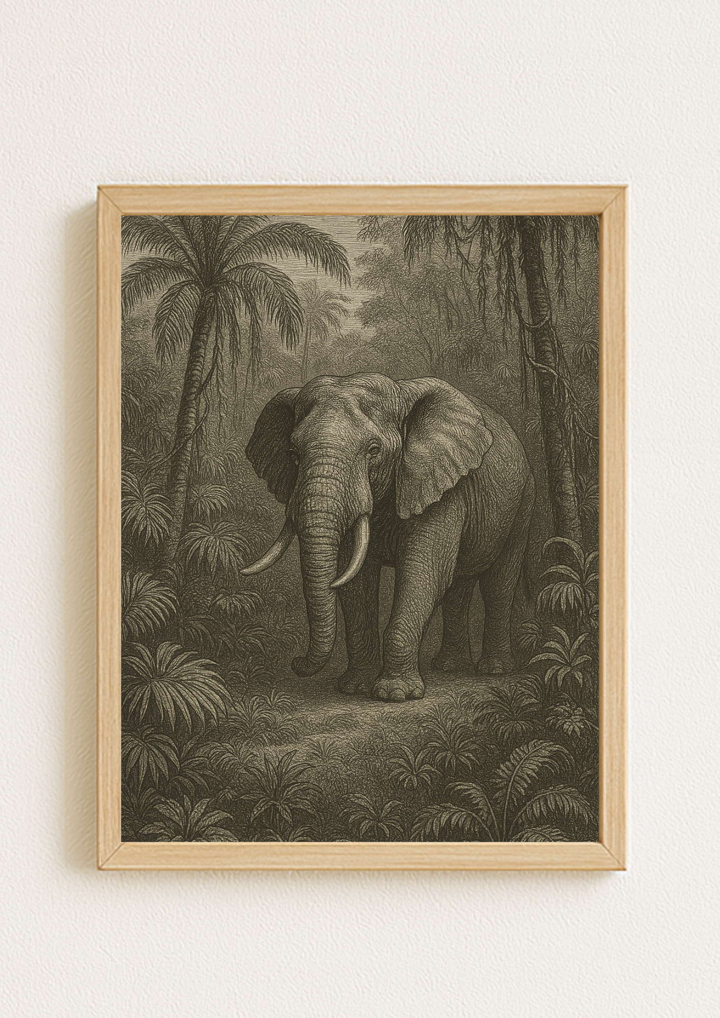 Affiche éléphant tropical style gravure ancienne – animal sauvage – jungle sauvage - forêt tropical