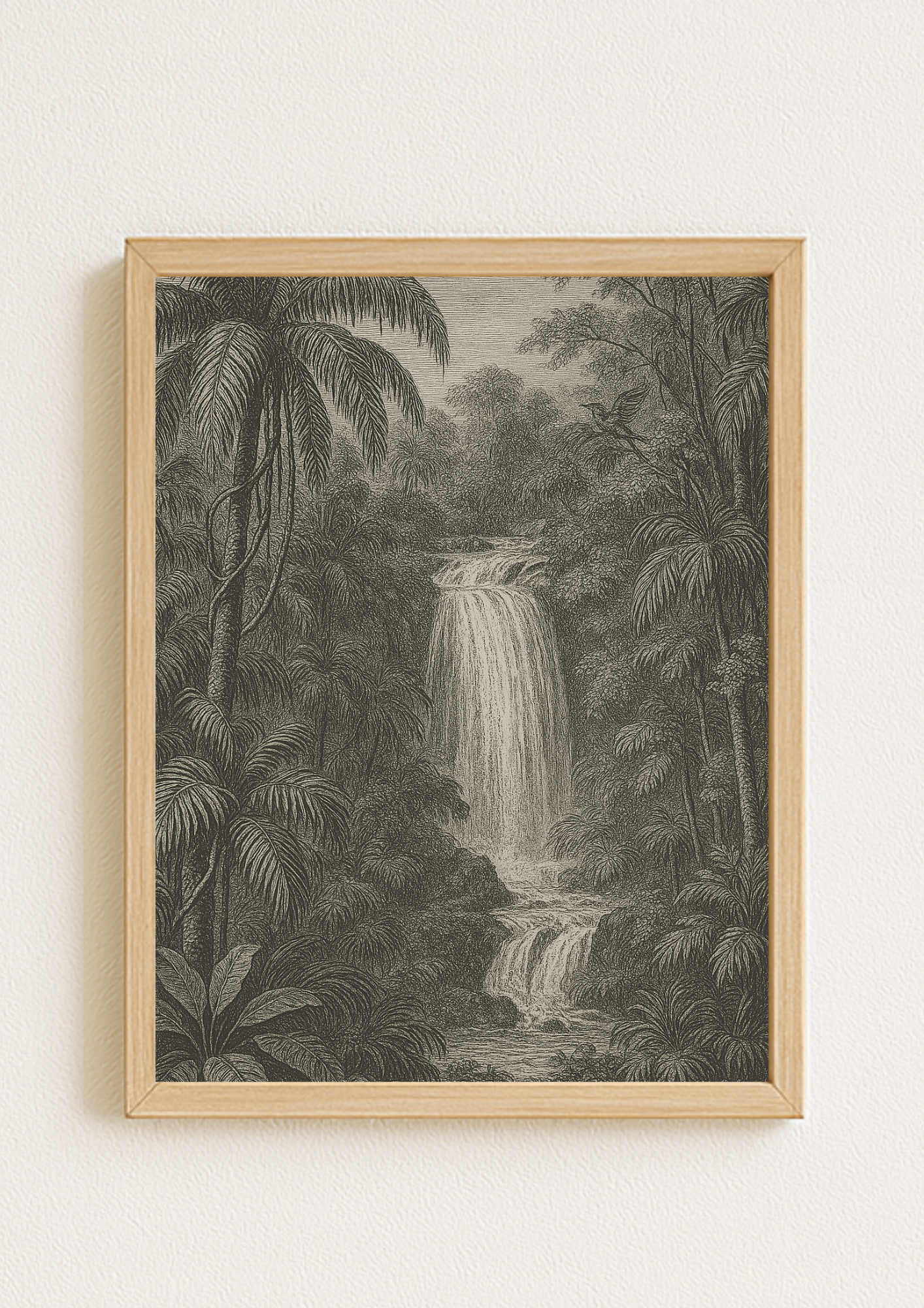 Affiche cascade exotique style gravure ancienne – paysage jungle – tropical – décoration murale safari