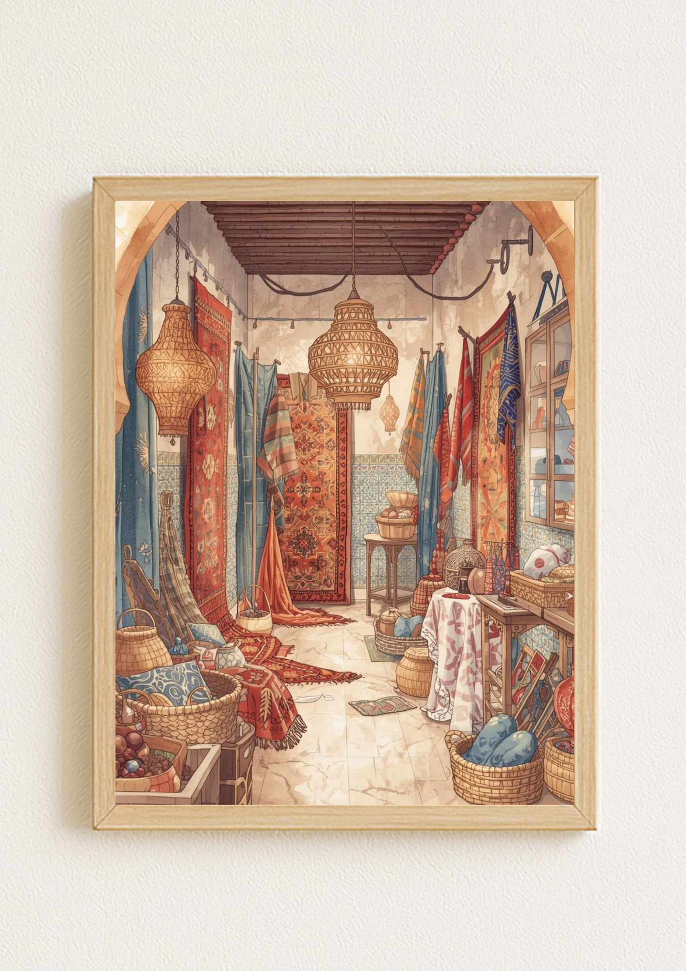 Affiche souk oriental – boutique de tapis et lanternes bohème, décoration murale