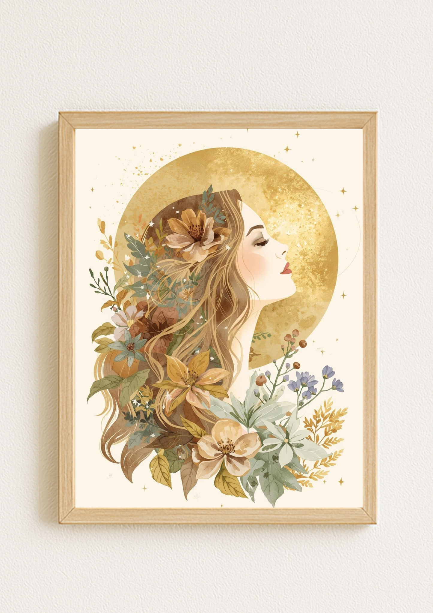 Affiche femme bohème lune dorée - Affiche féminin sacré - art mural mystique floral