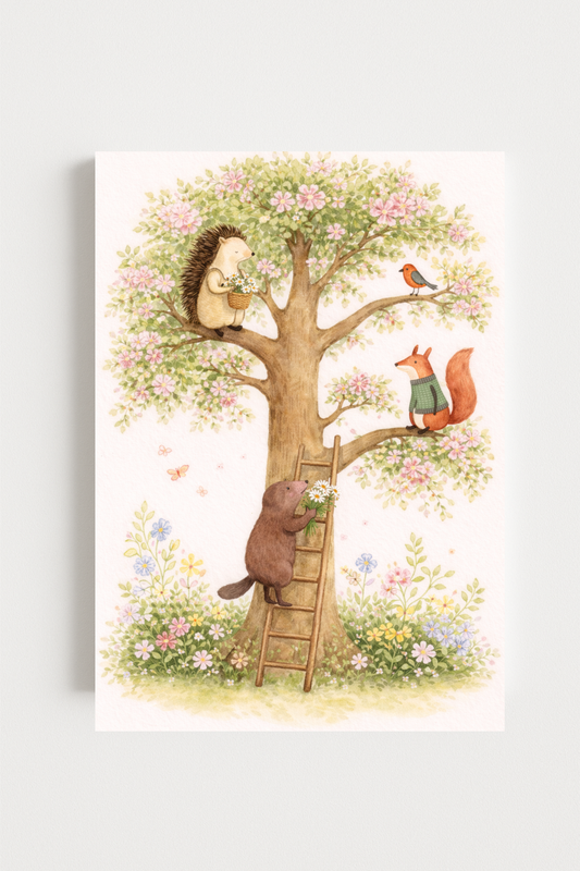 Affiche animaux de la forêt, arbre au printemps - Univers poétique et minimaliste - Décoration chambre enfant