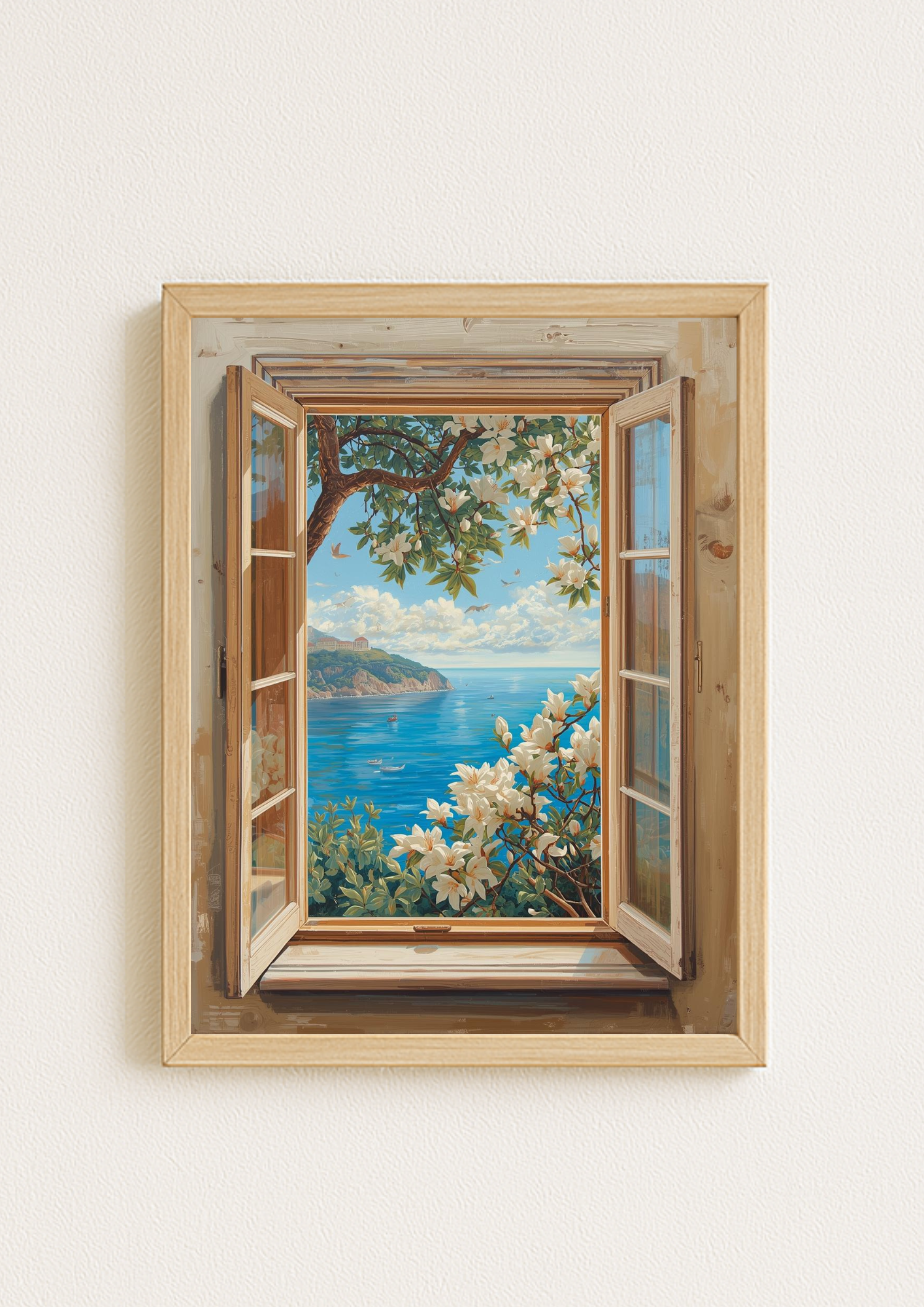 Affiche vue mer Méditerranée depuis fenêtre – paysage floral lumineux