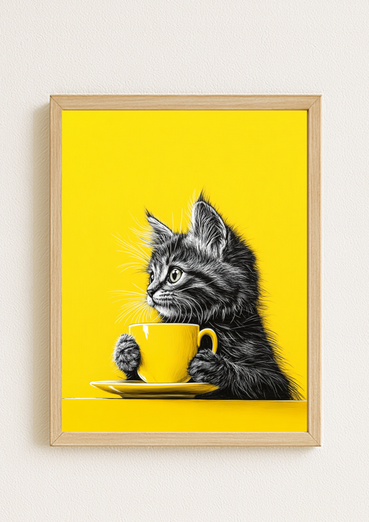 Affiche Chat & Café A4 – Poster Déco Animaux | Décoration Murale Cuisine