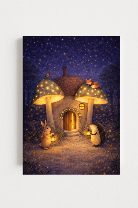 Affiche animaux de la forêt champignons dans la nuit - Univers poétique et minimaliste