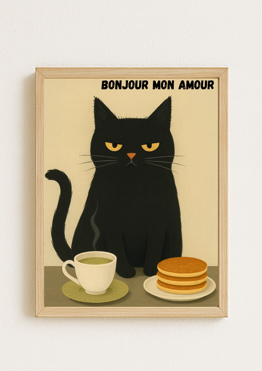 Collection chat - Affiche chat noir humour – Bonjour mon amour café pancakes