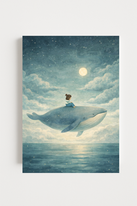 Affiche enfant et baleine sous la lune – illustration chambre bébé - Univers poétique et minimaliste