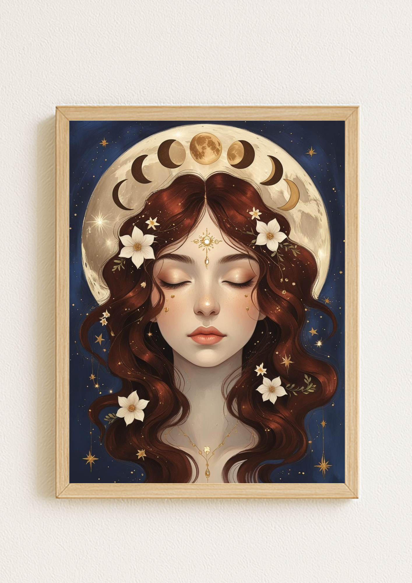 Affiche décorative femme lunaire – Phases de la lune – Art mural bohème spirituel