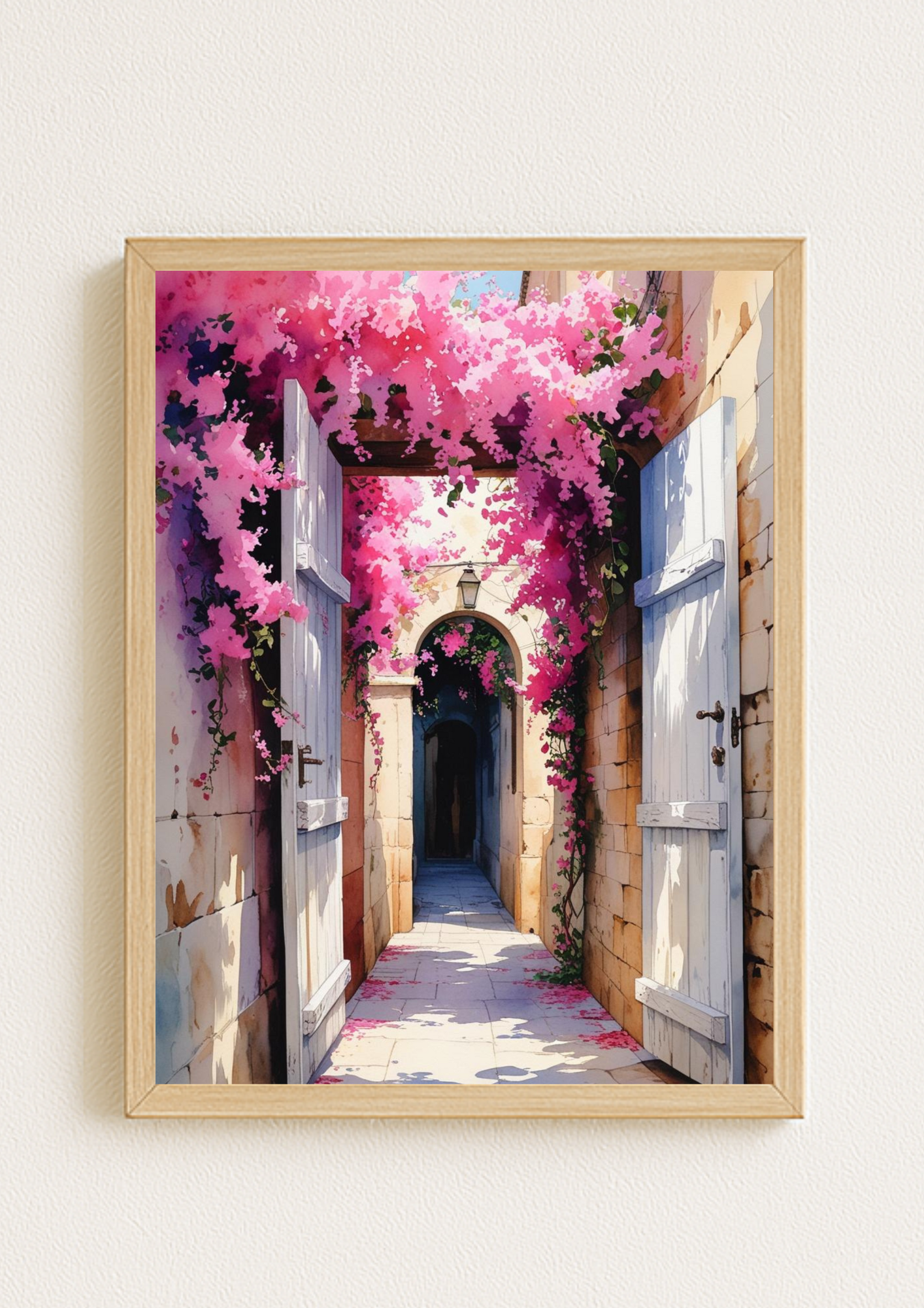 Affiche ruelle méditerranéenne aux bougainvilliers roses – décoration murale ambiance sud