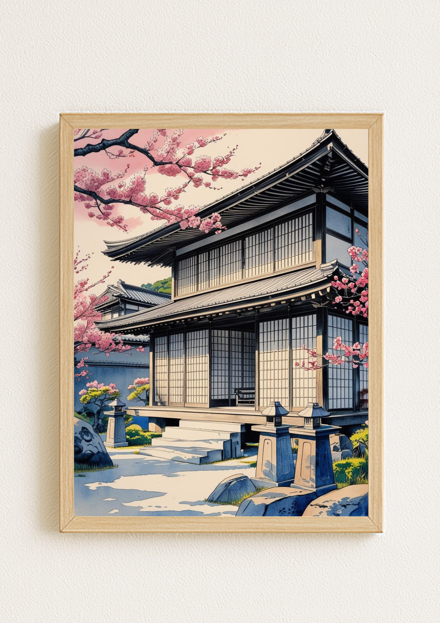 Affiche Kyoto - Maison typique Japonaise - Japon - Fleurs de cerisier