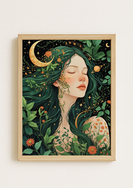 Affiche décorative femme lunaire florale – Art mural bohème nature - astrologie lune étoile soleil carte tarot planète