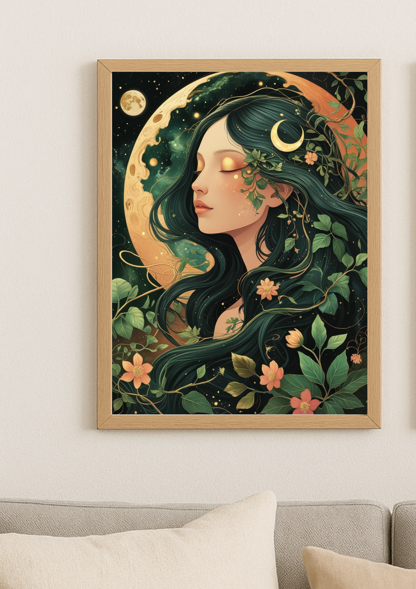 Affiche femme mystique nature – Illustration lunaire bohème – Décoration murale A4