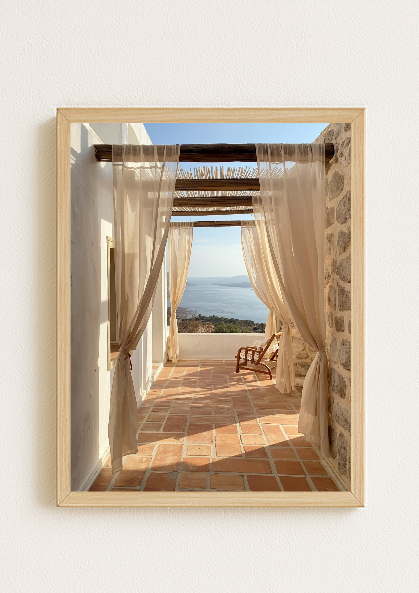 Affiche terrasse méditerranéenne avec pergola bois et vue mer – décoration murale lumineuse
