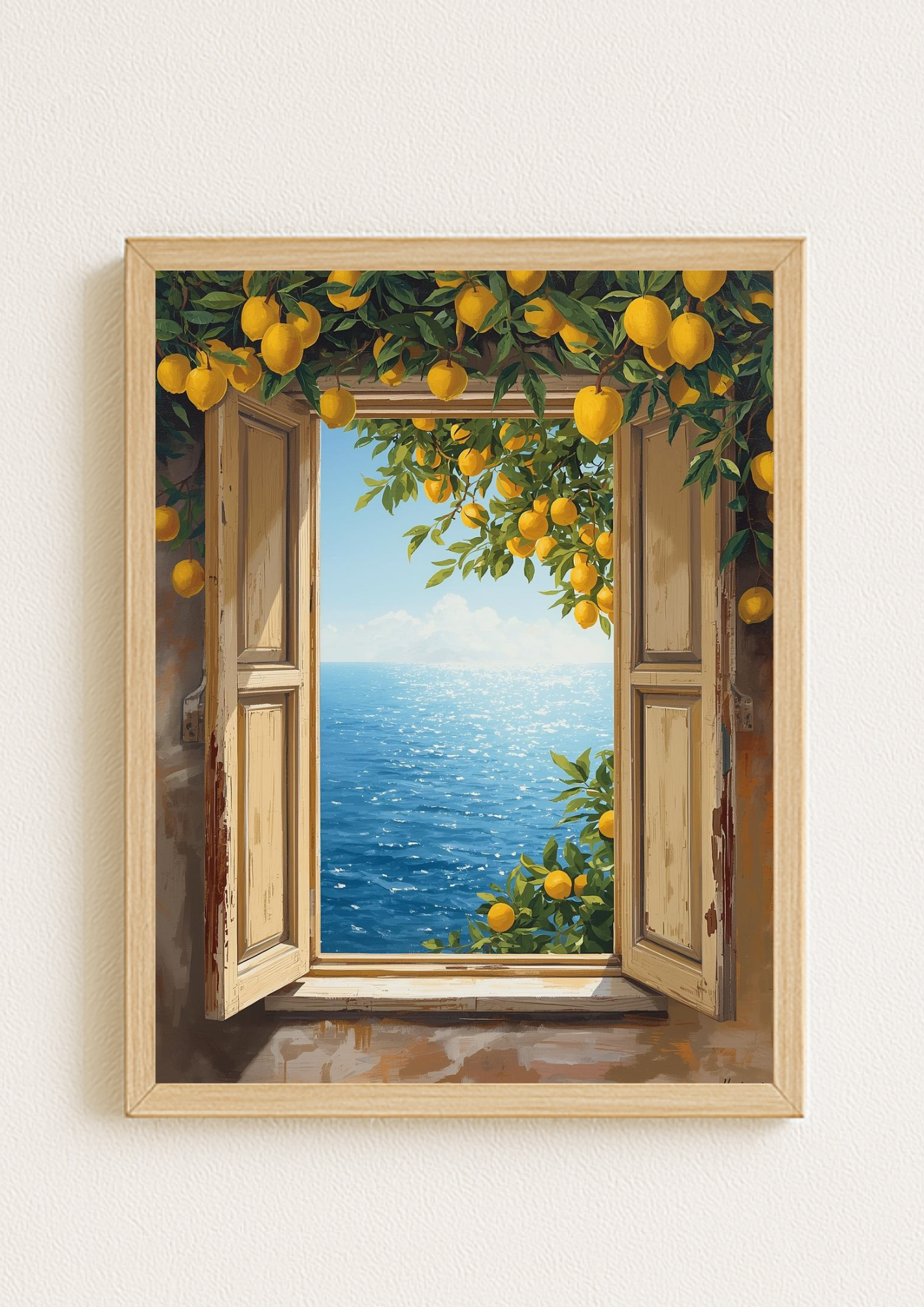 Affiche fenêtre ouverte sur la mer et citronniers – paysage méditerranéen