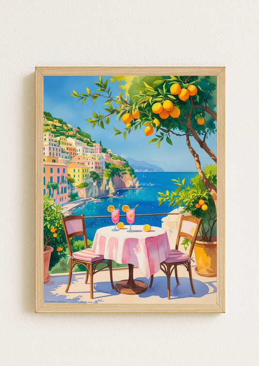 Affiche méditerranéenne – Terrasse avec vue mer, orangers et falaises – Décoration murale