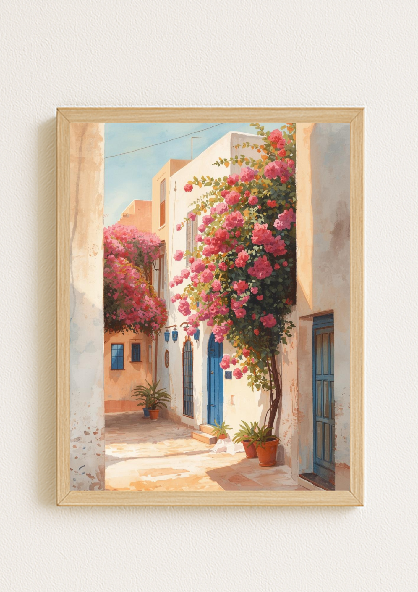 Affiche ruelle méditerranéenne – bougainvilliers roses et portes bleues – décoration murale lumineuse