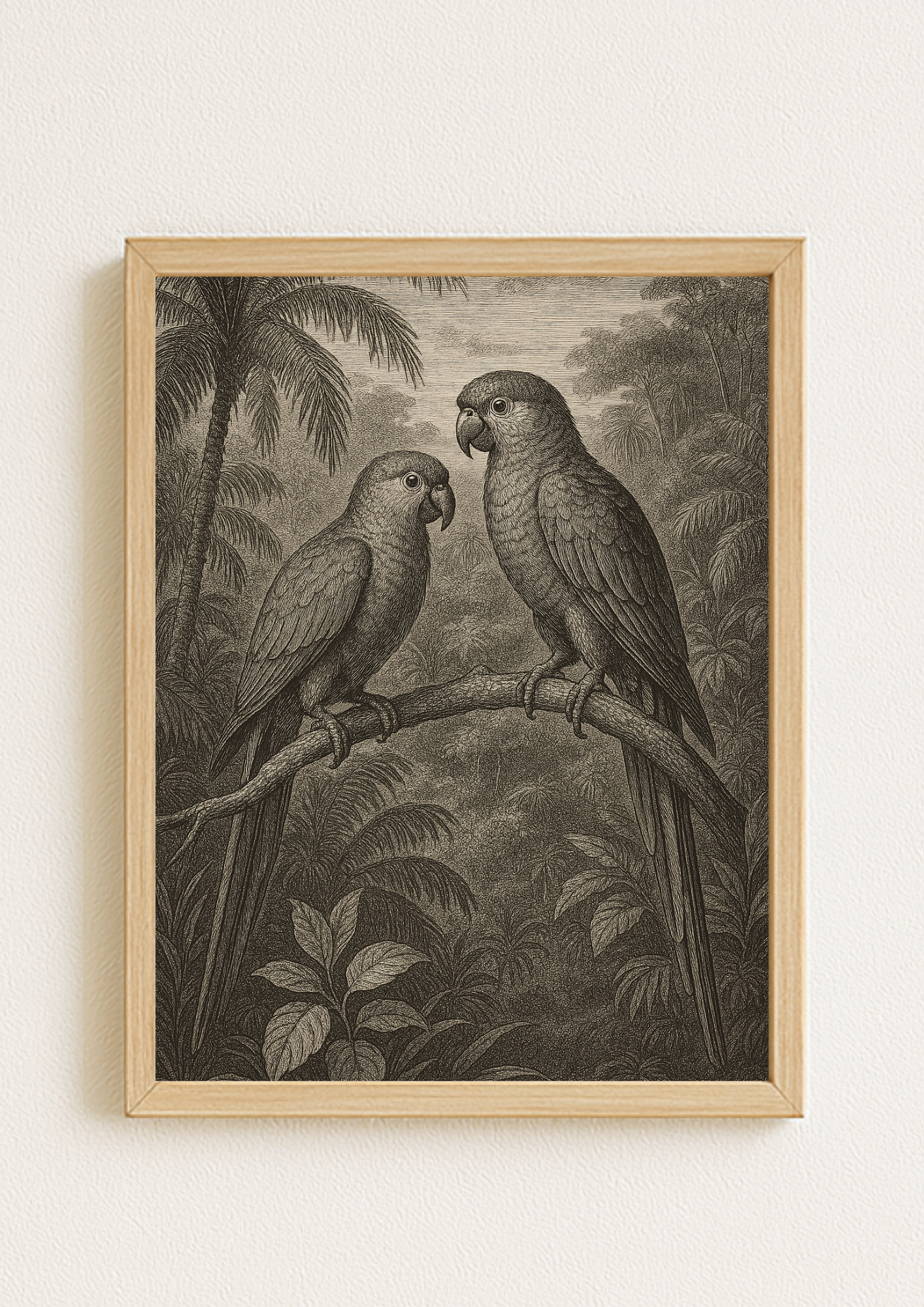 affiche oiseaux tropicaux style gravure ancienne – perroquets jungle - forêt tropical