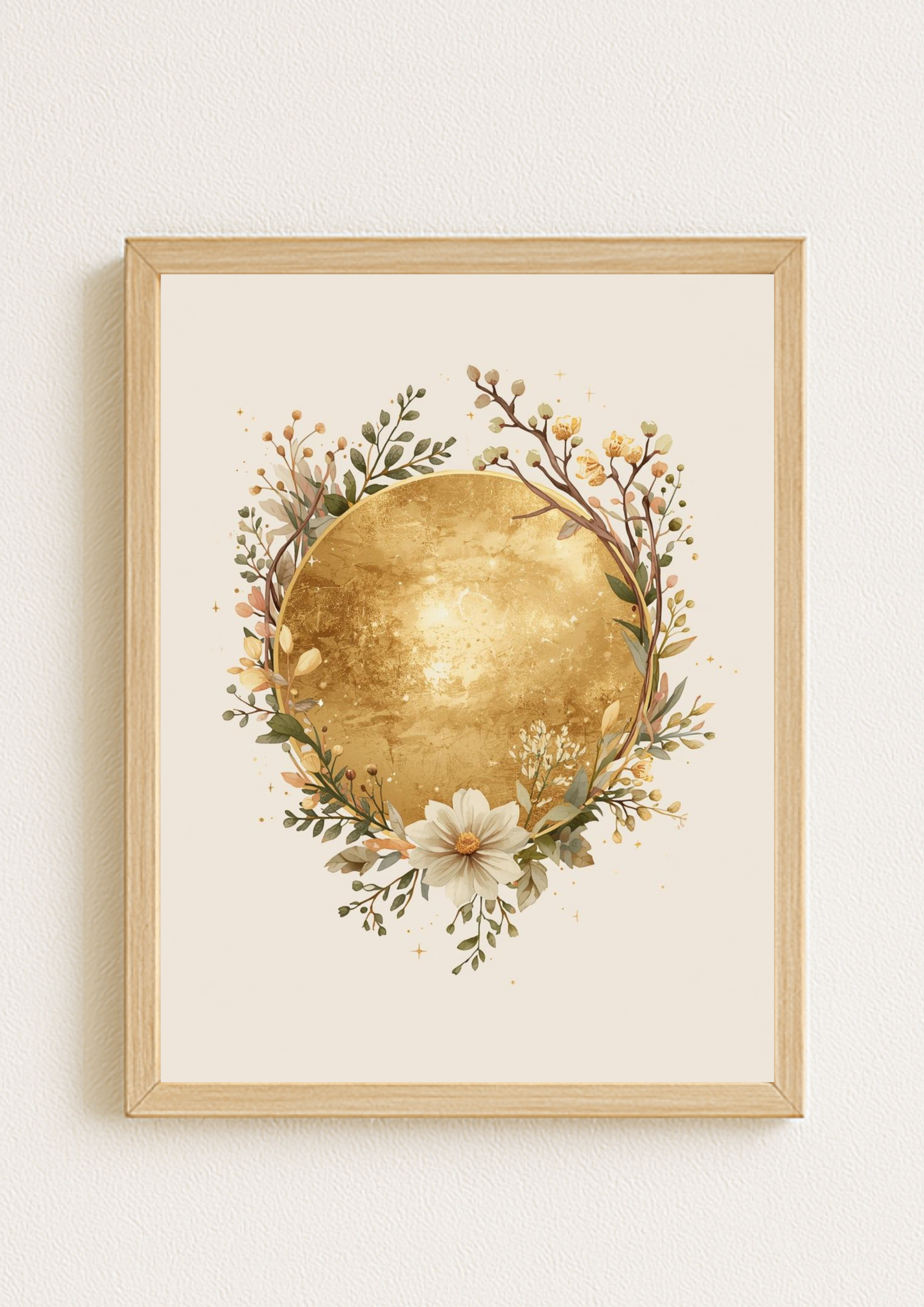 Affiche lune dorée florale – décoration murale bohème élégante - art mural mystique floral