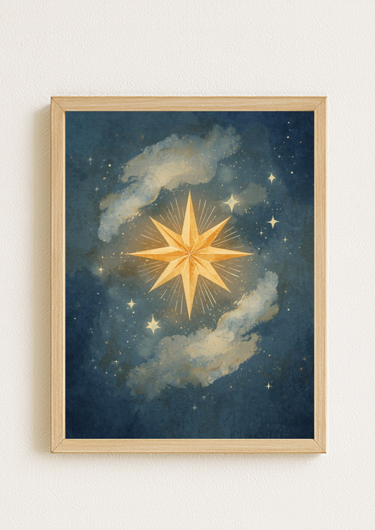 Affiche étoile dorée – Illustration céleste minimaliste – Décoration murale